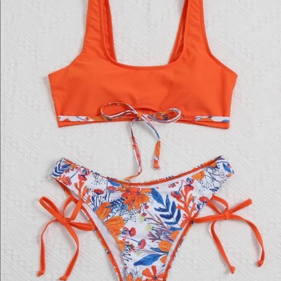 Orange Floral Tue Detail Bikini - Picture 3 of 5